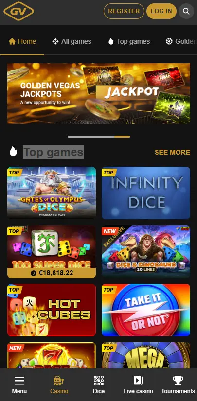 l'app e l'interfaccia di GOLDENVEGAS CASINO